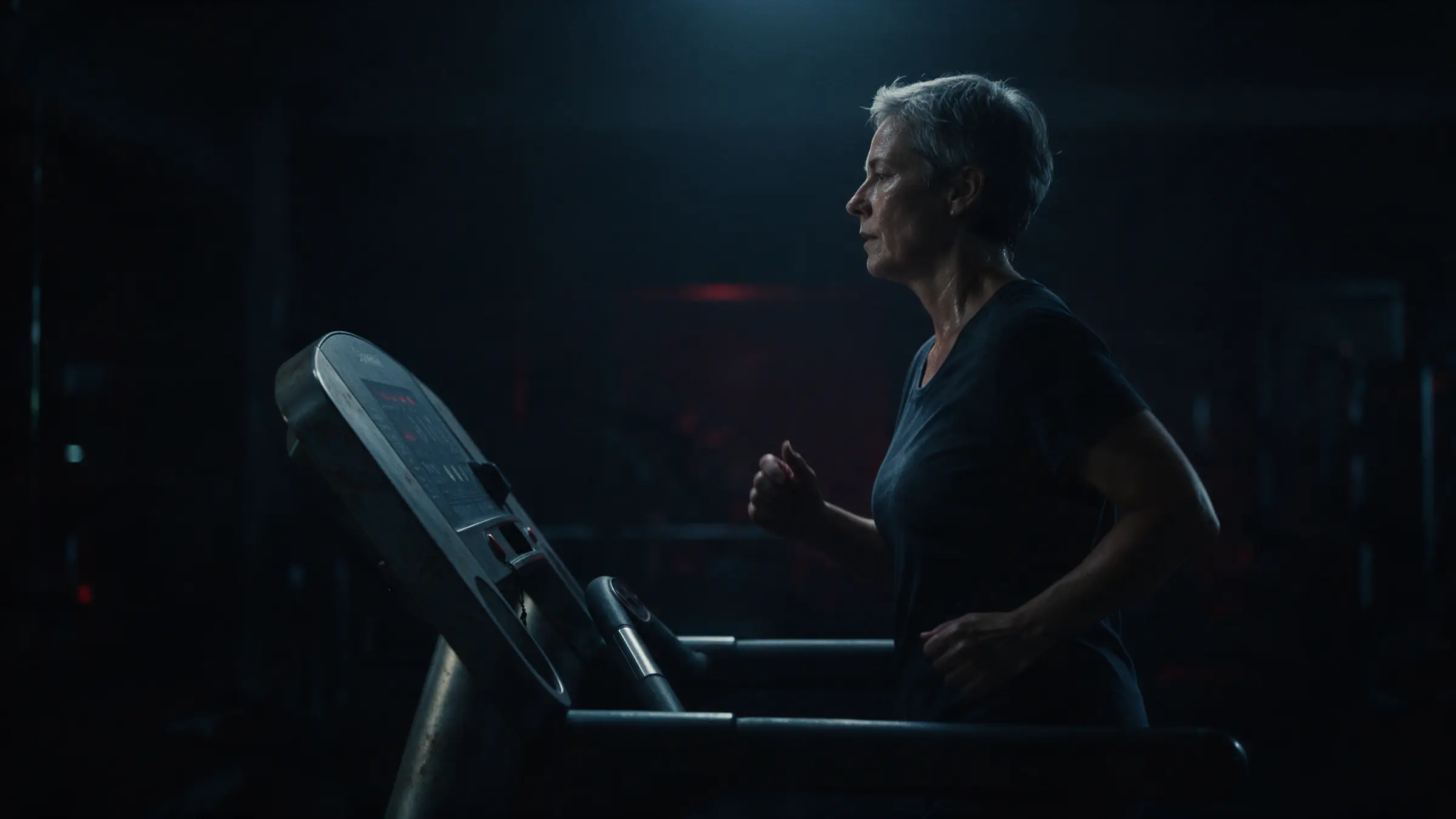 A woman in her fifties walking steadily on a treadmill in a dark gym.